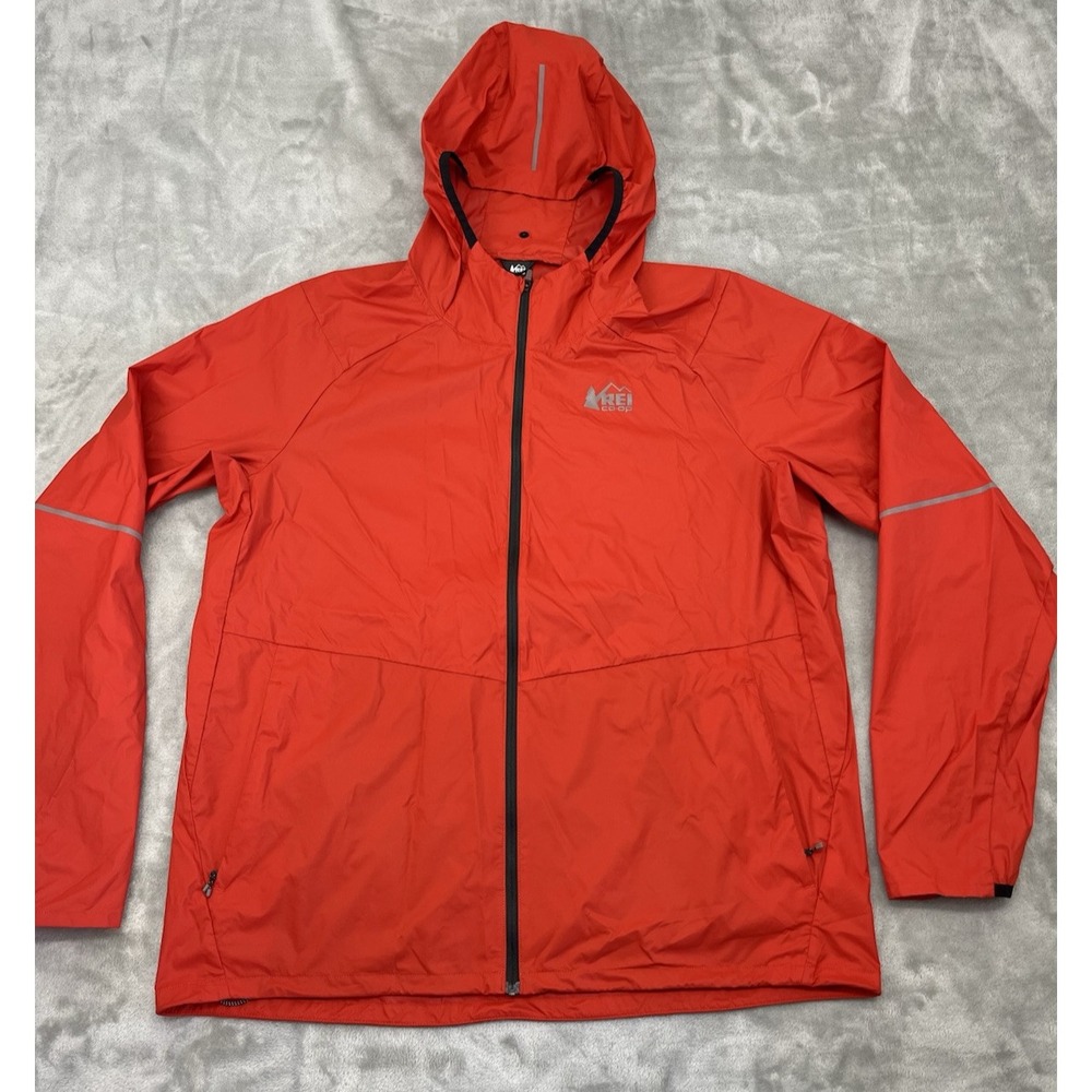 REI Co-op Windbreaker Men Large Red Full Zip Pockets Vented Lightweight Hooded